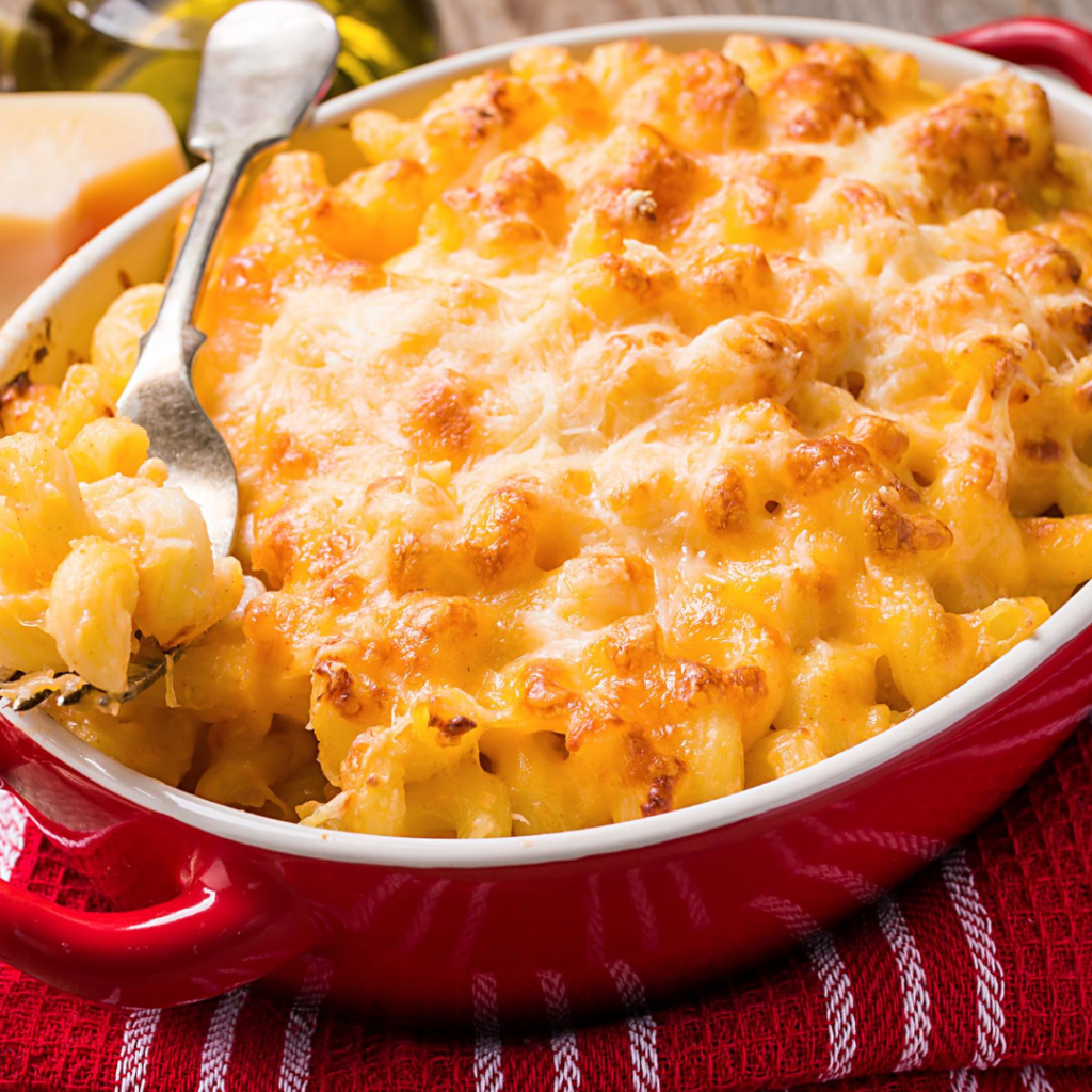 Baked mac 'n cheese with delicious, cauliflower rice is healthy comfort food. 