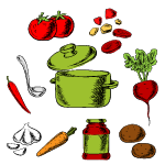 picture of pot with assortment of vegetables and ladle