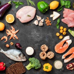 Pictures of chicken, veg, fish, fruit
