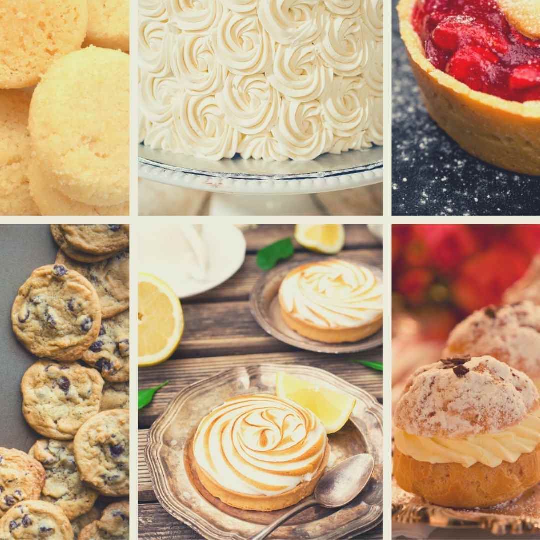 Grid with sables, cream puffs, chocoalte chunk cookies, lemon meringue tarts, raspberry tarts and cream puffs