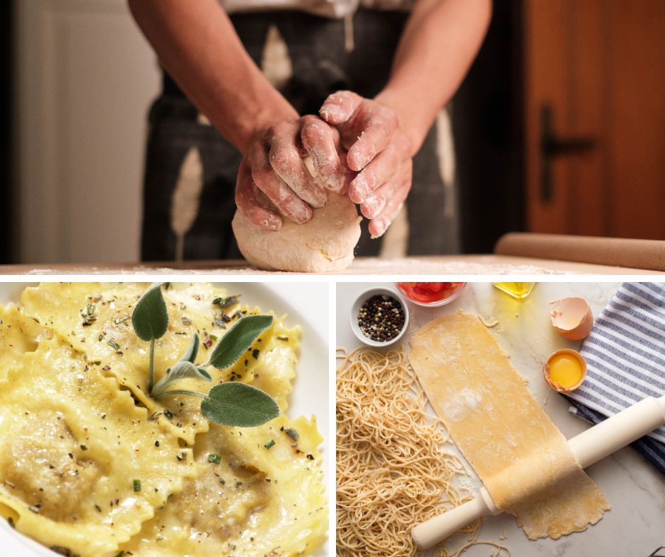 picture of woman kneading pasta dough, sage ravioli and rolling pin, eggs and sheet of pasta dough