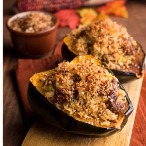 Roasted Acorn Squash stuffed with cranberries, mushrooms and rice