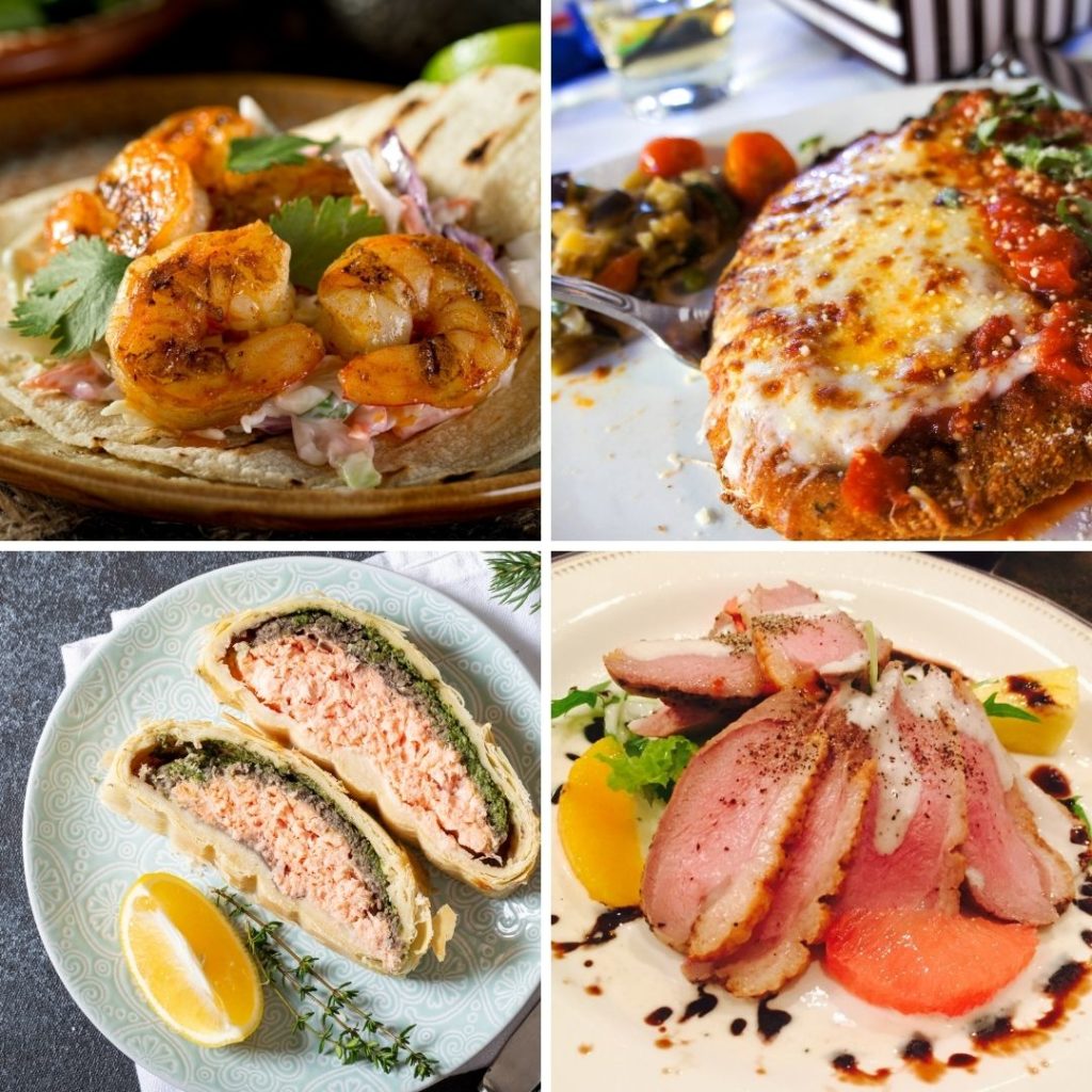 Grid of 4 meals: shrimp tacos, chicken Parmesan, Salmon Wellington and Seared Duck Breast