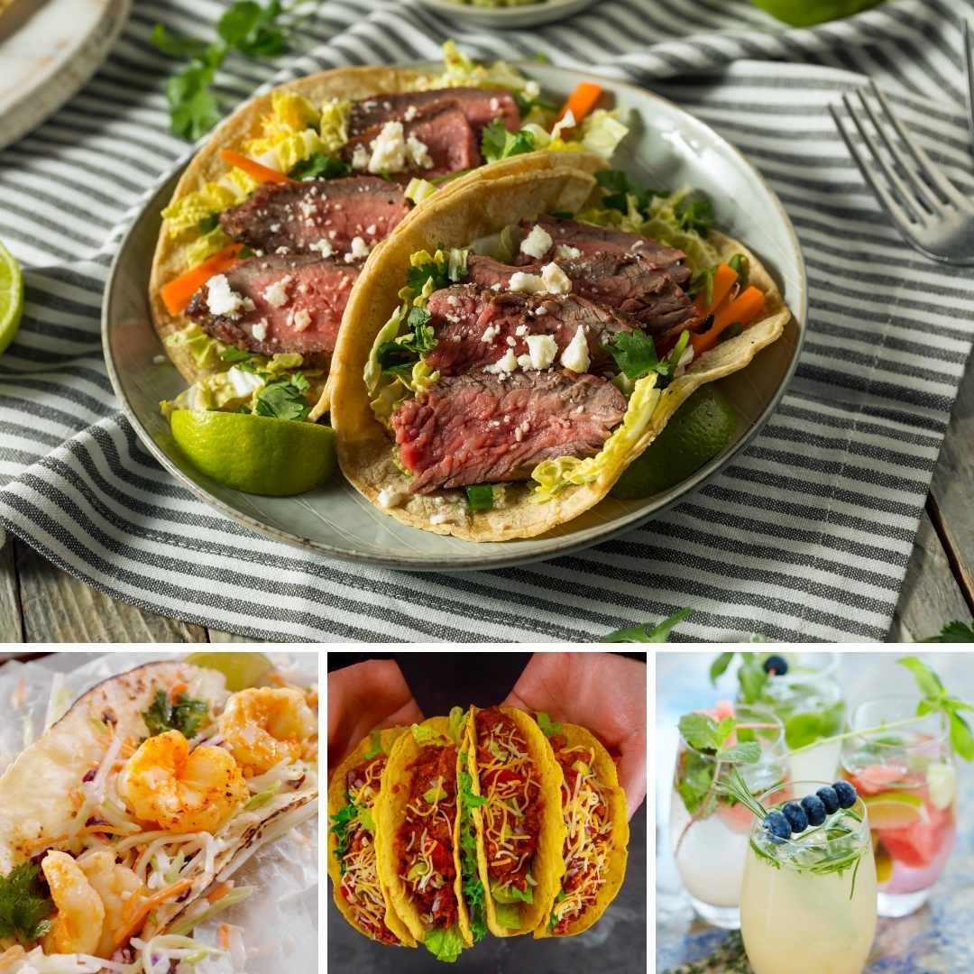 picture of steak, shrimp, jack fruit tacos and cocktails