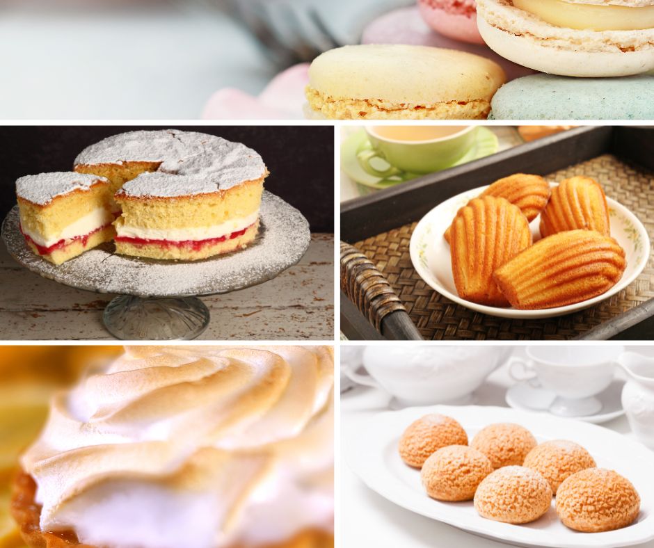Grid of French Desserts: madeleines, cake, macarons and lemon meringue tart