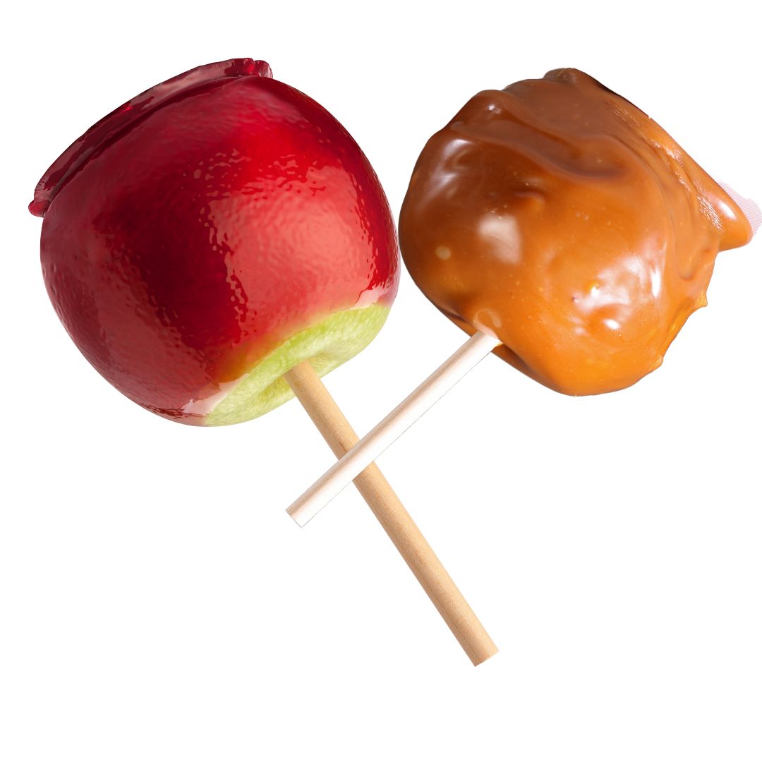 bright red candy apple and homemade caramel apple